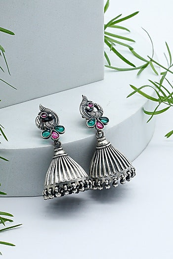 Silver Finish Onyx & Ghungroo Jhumka Earrings In Sterling Silver