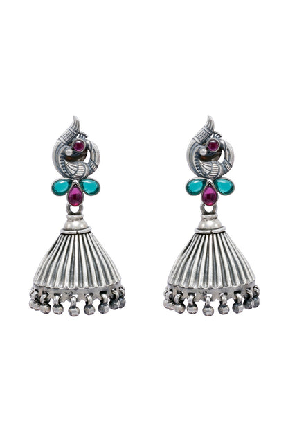 Silver Finish Onyx & Ghungroo Jhumka Earrings In Sterling Silver