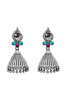 Silver Finish Onyx & Ghungroo Jhumka Earrings In Sterling Silver