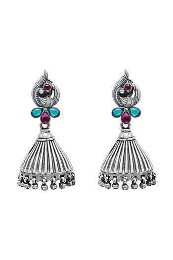Silver Finish Onyx & Ghungroo Jhumka Earrings In Sterling Silver