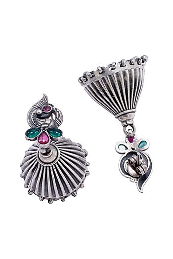 Silver Finish Onyx & Ghungroo Jhumka Earrings In Sterling Silver