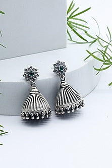 Silver Finish Emerald Floral Jhumka Earrings In Sterling Silver