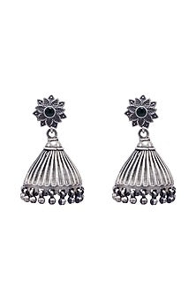 Silver Finish Emerald Floral Jhumka Earrings In Sterling Silver