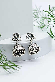 Silver Finish Embellished Jhumka Earrings In Sterling Silver