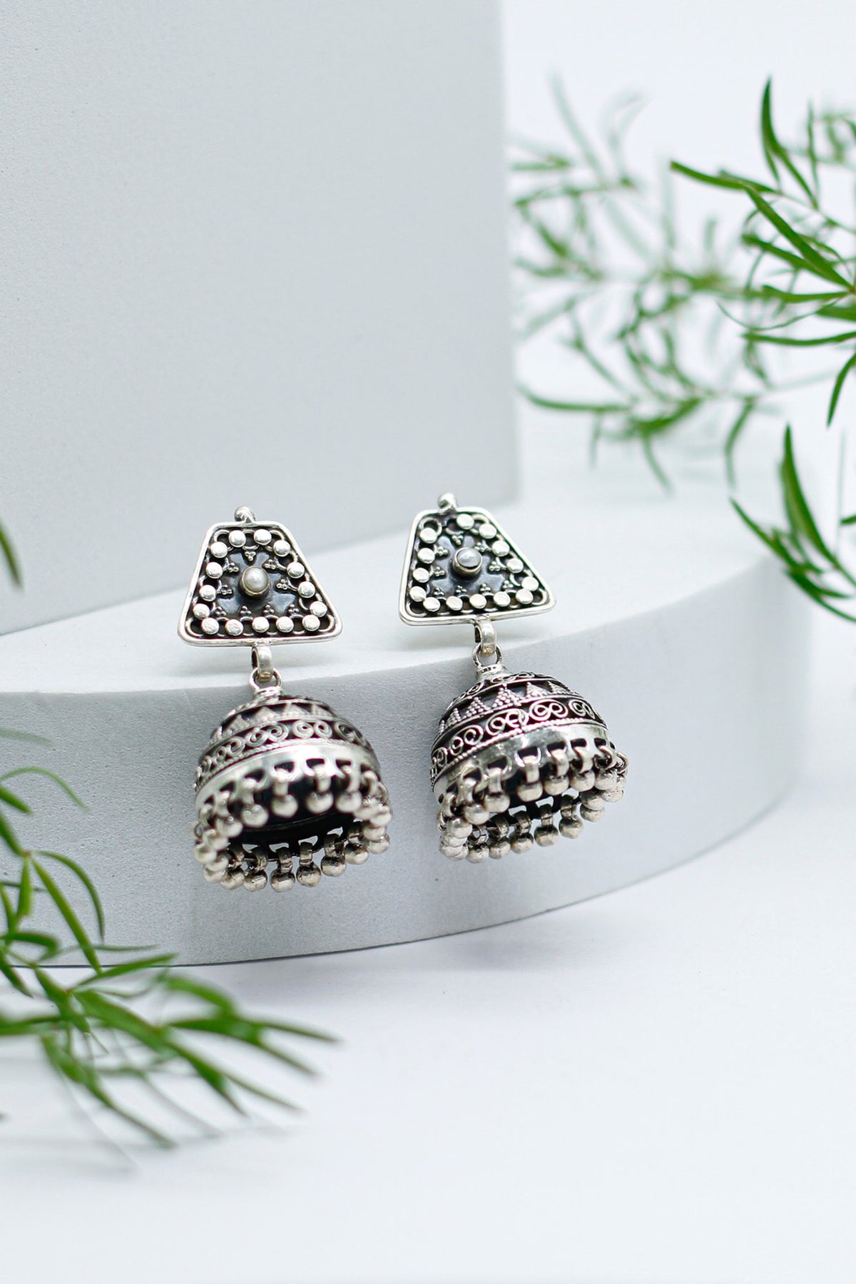 Silver Finish Embellished Jhumka Earrings In Sterling Silver