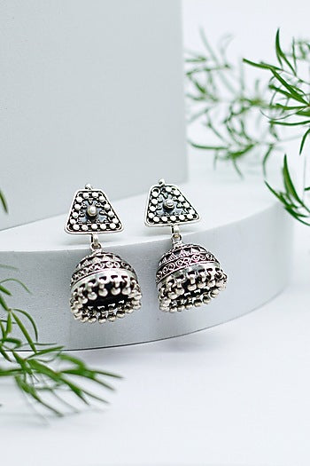Silver Finish Embellished Jhumka Earrings In Sterling Silver