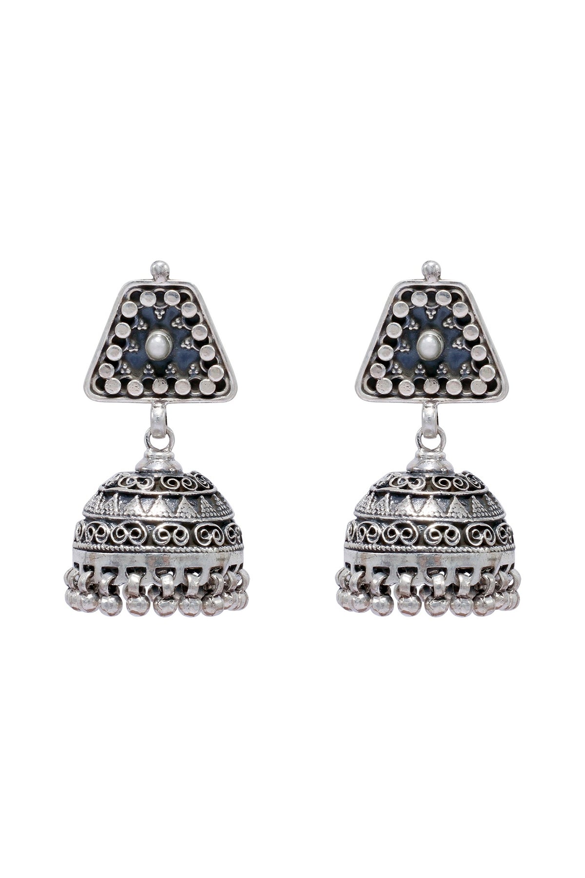 Silver Finish Embellished Jhumka Earrings In Sterling Silver