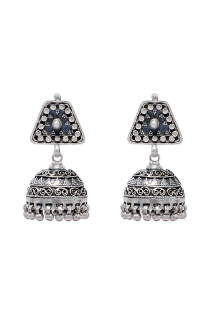 Silver Finish Embellished Jhumka Earrings In Sterling Silver