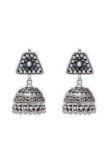 Silver Finish Embellished Jhumka Earrings In Sterling Silver