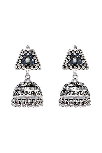 Silver Finish Embellished Jhumka Earrings In Sterling Silver