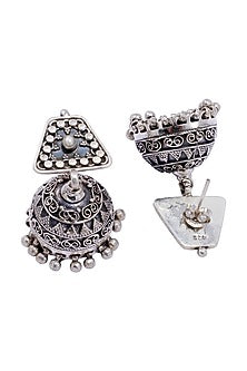 Silver Finish Embellished Jhumka Earrings In Sterling Silver