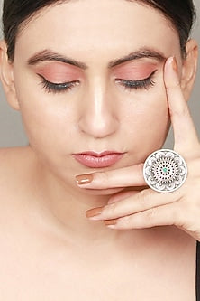 Oxidised Silver Finish Turquoise Stone Floral Ring In Sterling Silver