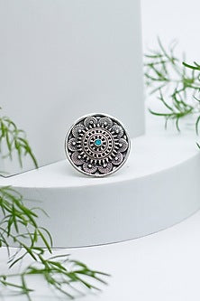 Oxidised Silver Finish Turquoise Stone Floral Ring In Sterling Silver