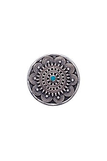 Oxidised Silver Finish Turquoise Stone Floral Ring In Sterling Silver