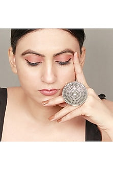 Oxidised Silver Finish Tribal Floral Ring In Sterling Silver