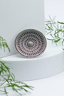 Oxidised Silver Finish Tribal Floral Ring In Sterling Silver