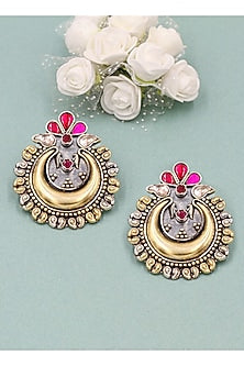 Silver Finish Kundan & Coral Stone Earrings In Sterling Silver