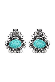 Silver Finish Turquoise Stone Stud Earrings In Sterling Silver