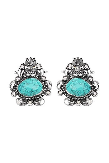 Silver Finish Turquoise Stone Stud Earrings In Sterling Silver