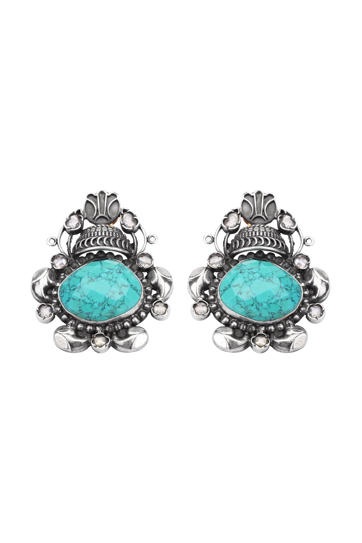 Silver Finish Turquoise Stone Stud Earrings In Sterling Silver