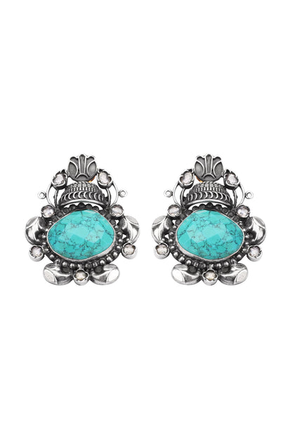 Silver Finish Turquoise Stone Stud Earrings In Sterling Silver