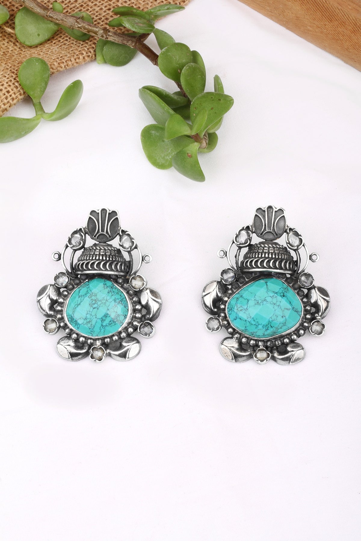 Silver Finish Turquoise Stone Stud Earrings In Sterling Silver