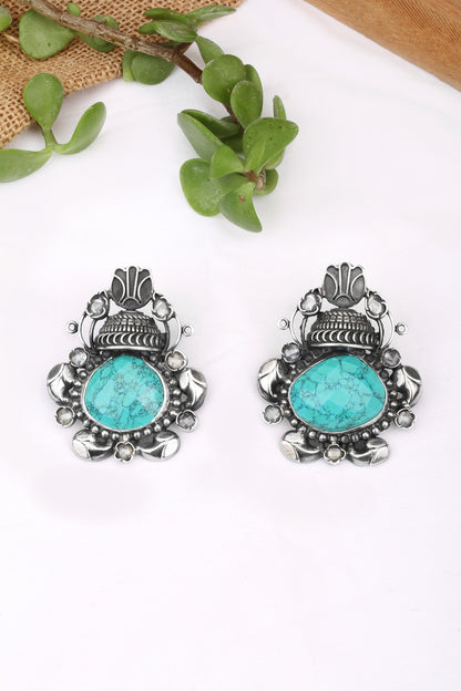 Silver Finish Turquoise Stone Stud Earrings In Sterling Silver
