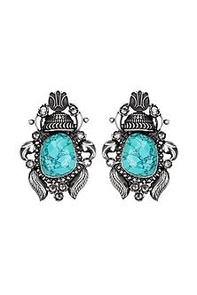 Silver Finish Turquoise Stone Stud Earrings In Sterling Silver