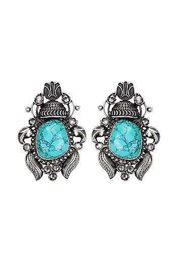Silver Finish Turquoise Stone Stud Earrings In Sterling Silver