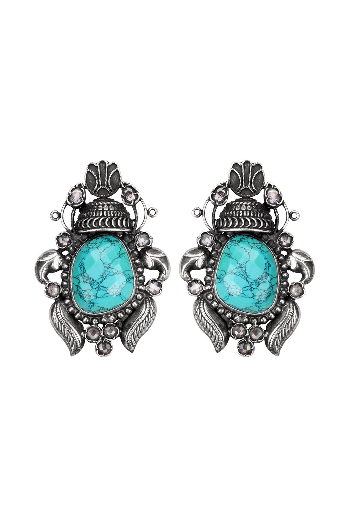 Silver Finish Turquoise Stone Stud Earrings In Sterling Silver