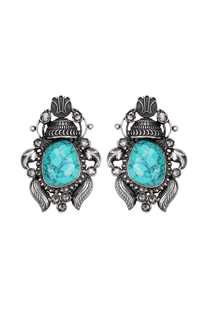 Silver Finish Turquoise Stone Stud Earrings In Sterling Silver