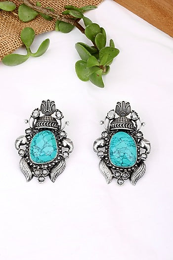 Silver Finish Turquoise Stone Stud Earrings In Sterling Silver