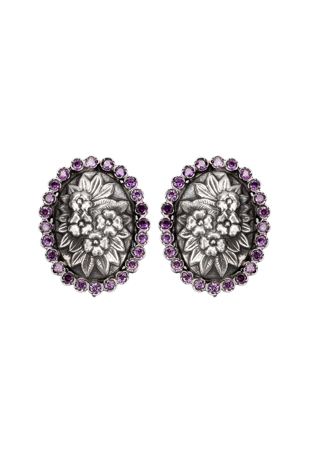 Silver Finish Floral Stud Earrings In Sterling Silver