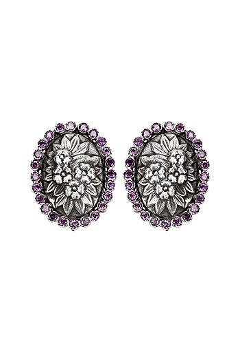 Silver Finish Floral Stud Earrings In Sterling Silver