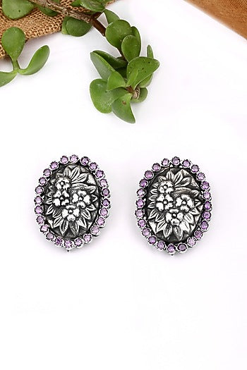 Silver Finish Floral Stud Earrings In Sterling Silver