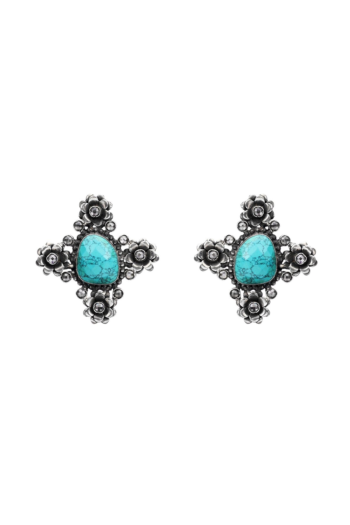 Silver Finish Turquoise Stone Stud Earrings In Sterling Silver