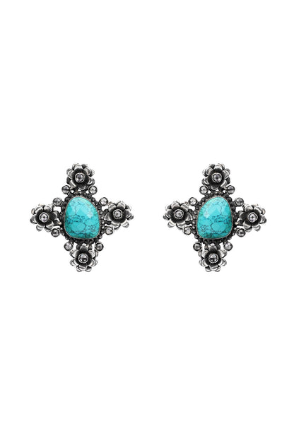 Silver Finish Turquoise Stone Stud Earrings In Sterling Silver