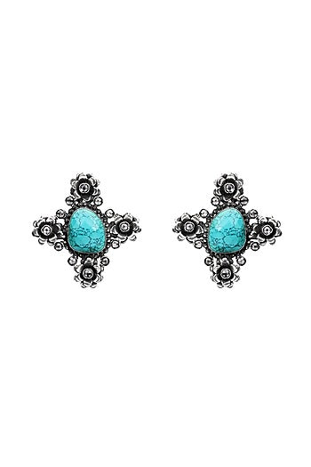 Silver Finish Turquoise Stone Stud Earrings In Sterling Silver