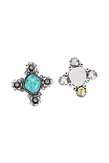 Silver Finish Turquoise Stone Stud Earrings In Sterling Silver