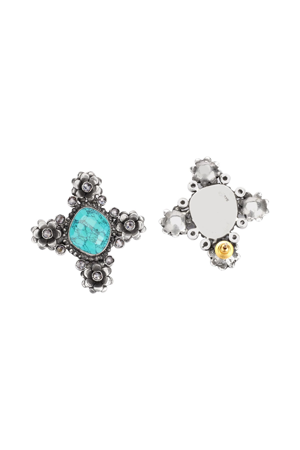 Silver Finish Turquoise Stone Stud Earrings In Sterling Silver