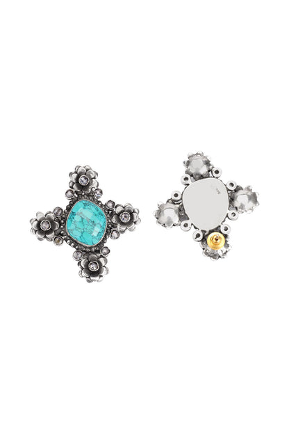 Silver Finish Turquoise Stone Stud Earrings In Sterling Silver