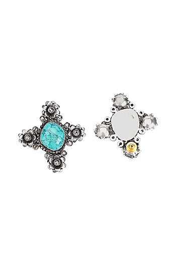 Silver Finish Turquoise Stone Stud Earrings In Sterling Silver