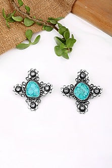 Silver Finish Turquoise Stone Stud Earrings In Sterling Silver