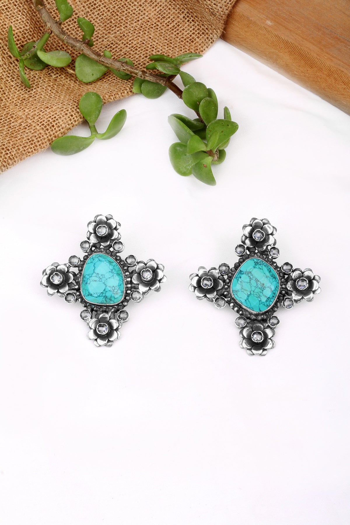 Silver Finish Turquoise Stone Stud Earrings In Sterling Silver