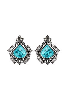 Silver Finish Turquoise Stone Stud Earrings In Sterling Silver