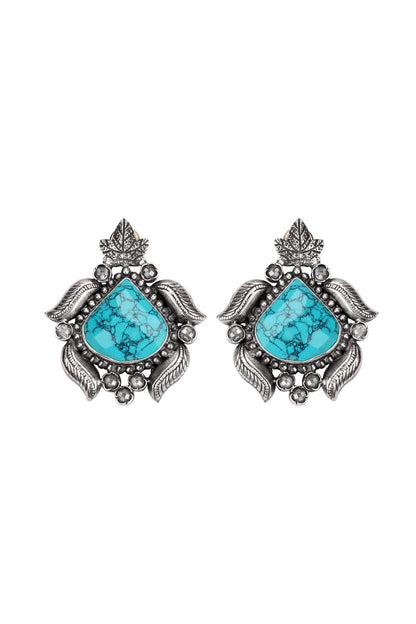 Silver Finish Turquoise Stone Stud Earrings In Sterling Silver