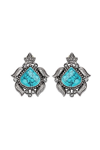 Silver Finish Turquoise Stone Stud Earrings In Sterling Silver