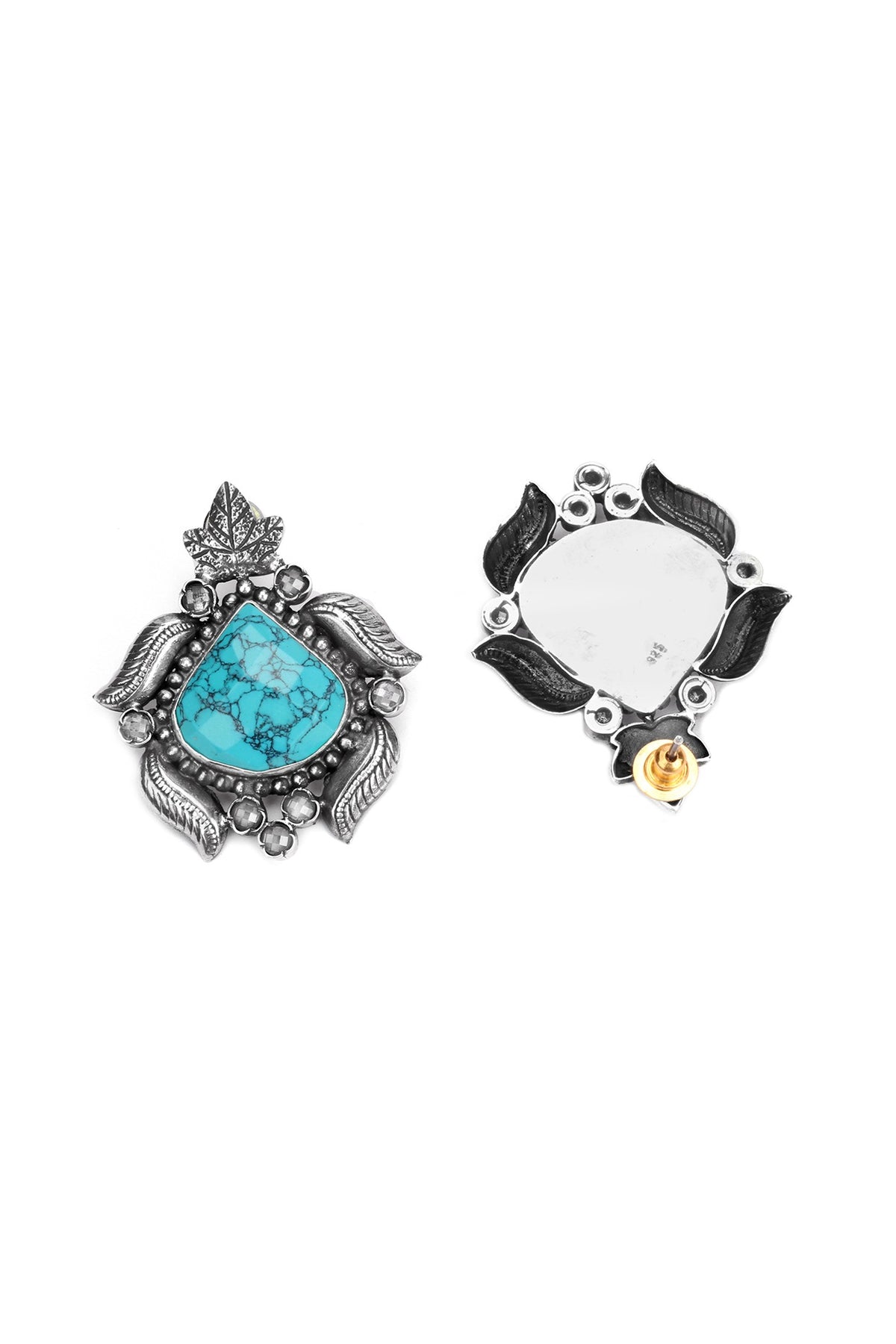 Silver Finish Turquoise Stone Stud Earrings In Sterling Silver
