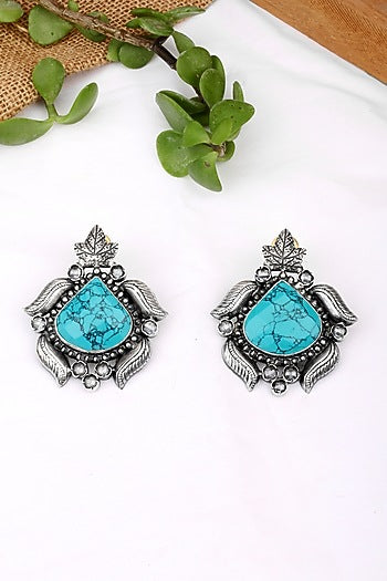 Silver Finish Turquoise Stone Stud Earrings In Sterling Silver
