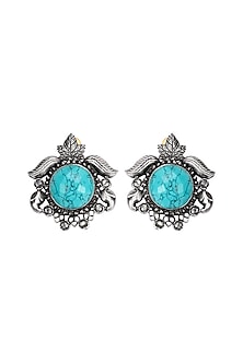Silver Finish Turquoise Stone Stud Earrings In Sterling Silver